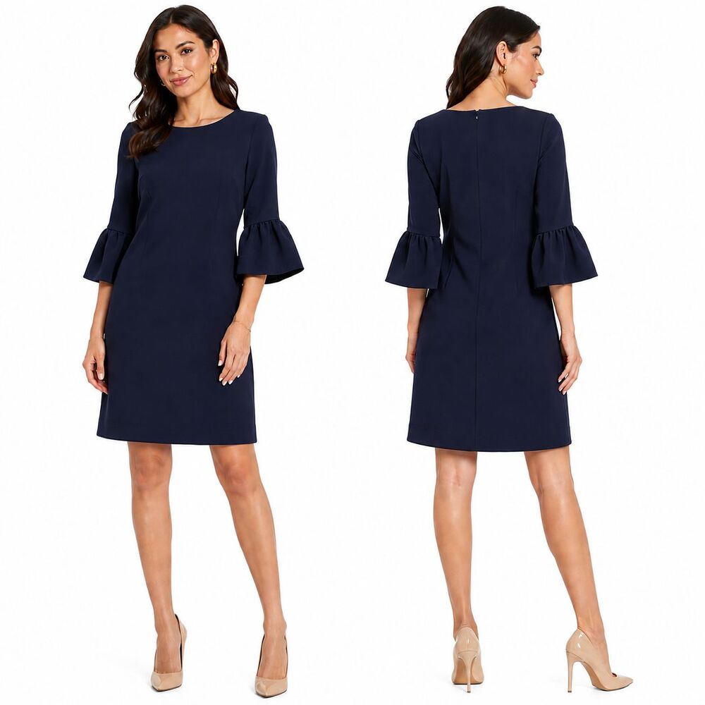 Nanette Lepore Women's Navy Blue Bell Sleeve Office Party Shift Dress Size 6